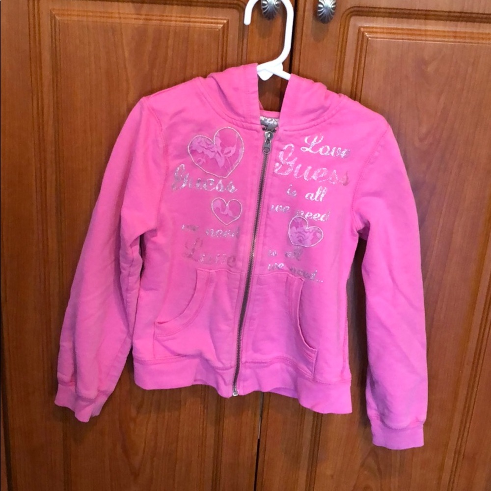 Guess girls pink zip-up hoodie-size S(7/8)